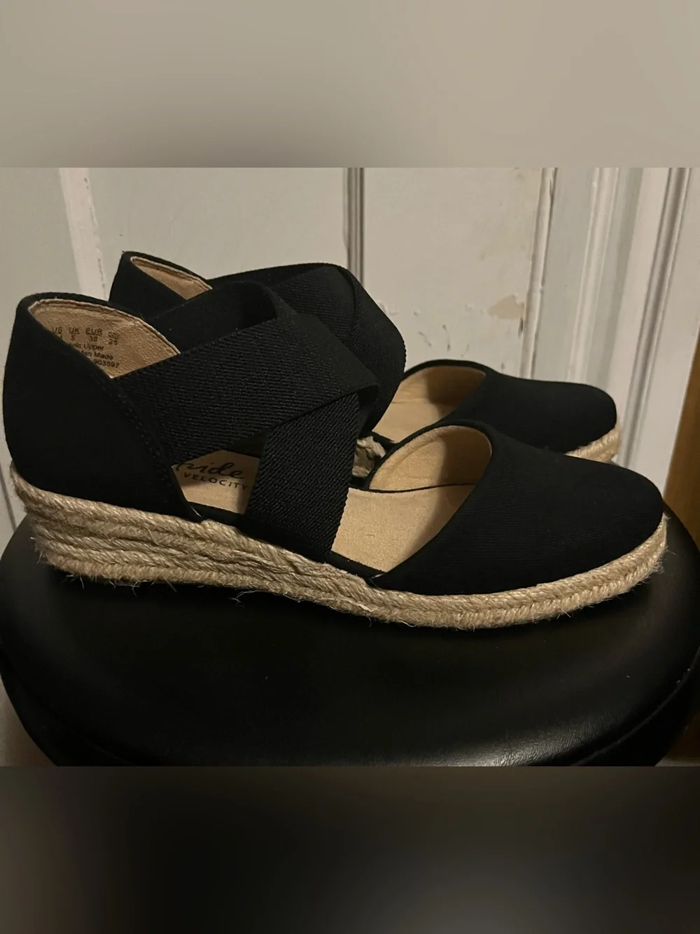 New Life Stride Black Espadrille Wedge Sandals